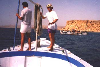 Trevor on a old style dive boat (Suez working boat) at Temple, 1991